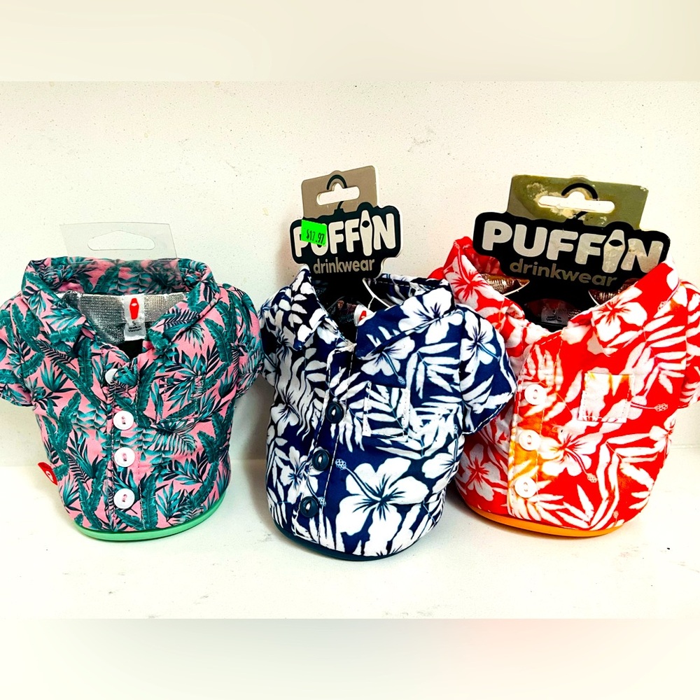 New Puffin drinkwear Beverage Koozie NWT, Hawaiian shirt drink kozzie new luau!